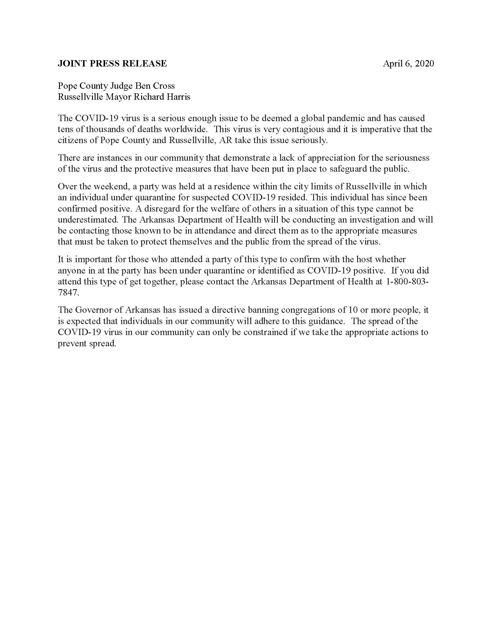 Press Release - COVID-19 4.6.2020